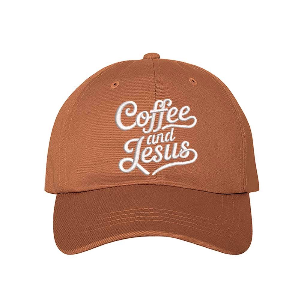 Texas Orange cotton baseball hat with the words Coffee and Jesus embroidered in a clean, professional font across the front. - DSY Lifestyle
