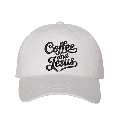 White cotton baseball hat with the words Coffee and Jesus embroidered black thread in a clean, professional font across the front. - DSY Lifestyle