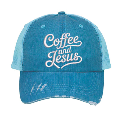 Aqua Coffee and Jesus embroidered distressed trucker hat for women. Faith-inspired statement hat for casual outfits and everyday style. - DSY Lifestyle