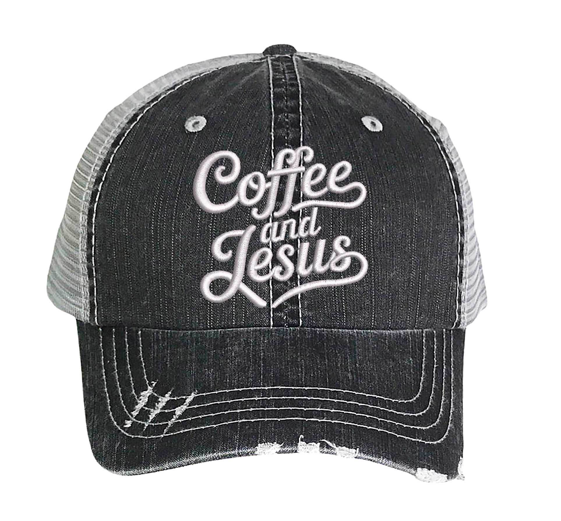 Black Coffee and Jesus embroidered distressed trucker hat for women. Faith-inspired statement hat for casual outfits and everyday style. - DSY Lifestyle