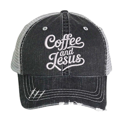 Black Coffee and Jesus embroidered distressed trucker hat for women. Faith-inspired statement hat for casual outfits and everyday style. - DSY Lifestyle