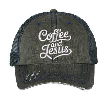 Dark Green Coffee and Jesus embroidered distressed trucker hat for women. Faith-inspired statement hat for casual outfits and everyday style. - DSY Lifestyle