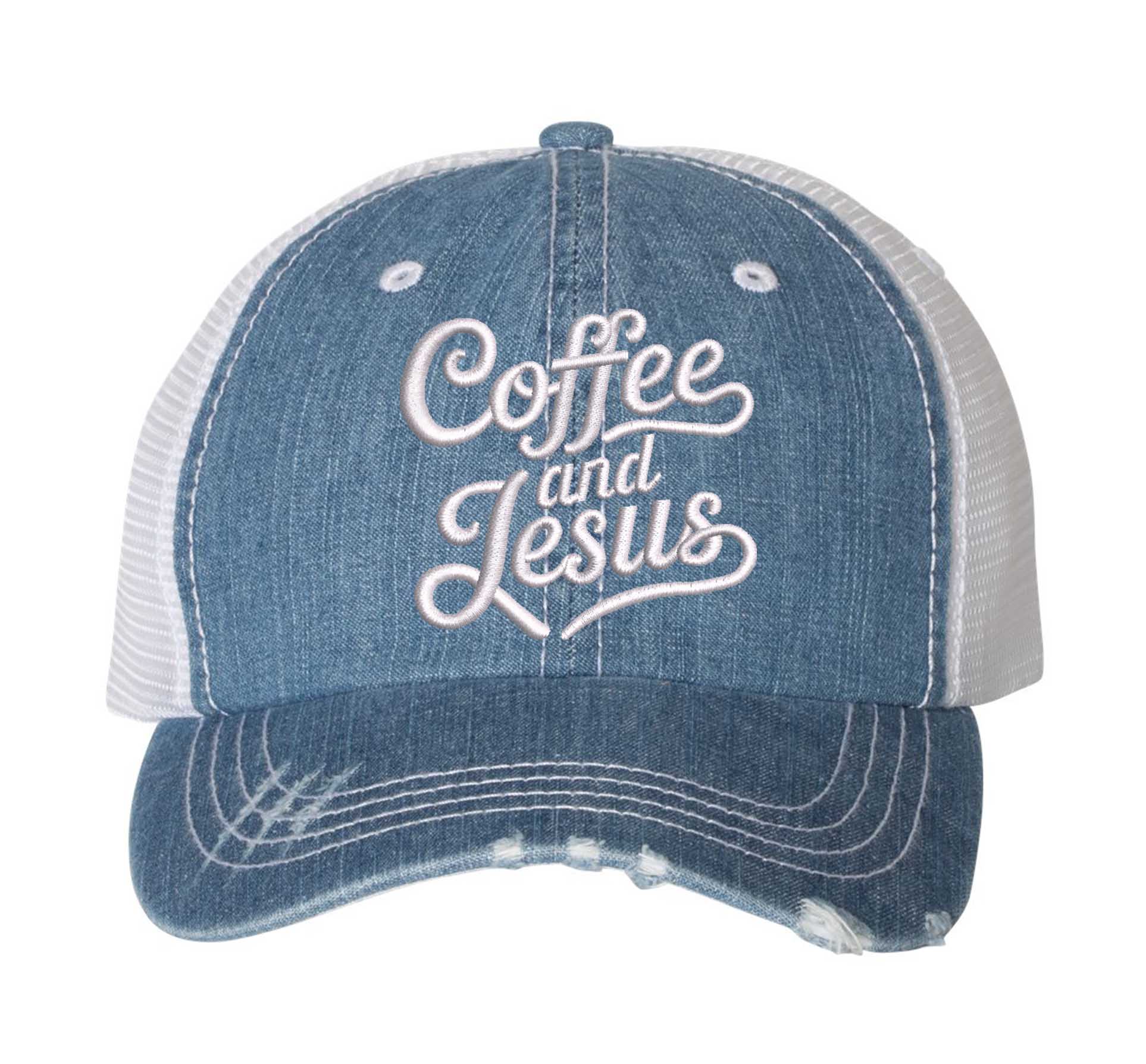 Denim Coffee and Jesus embroidered distressed trucker hat for women. Faith-inspired statement hat for casual outfits and everyday style. - DSY Lifestyle