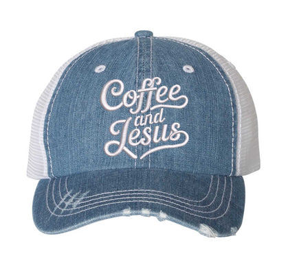 Denim Coffee and Jesus embroidered distressed trucker hat for women. Faith-inspired statement hat for casual outfits and everyday style. - DSY Lifestyle