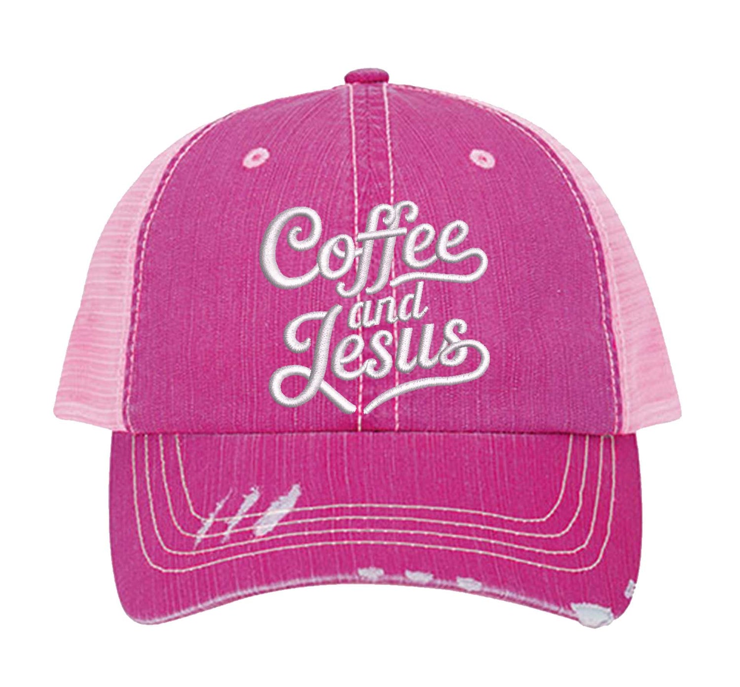 Hot Pink Coffee and Jesus embroidered distressed trucker hat for women. Faith-inspired statement hat for casual outfits and everyday style. - DSY Lifestyle