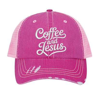 Hot Pink Coffee and Jesus embroidered distressed trucker hat for women. Faith-inspired statement hat for casual outfits and everyday style. - DSY Lifestyle