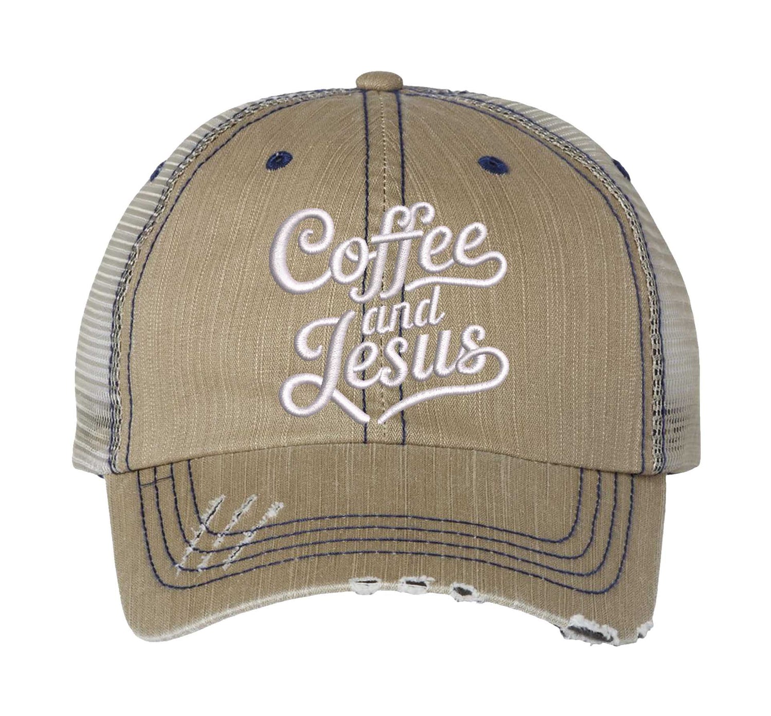 Khaki Coffee and Jesus embroidered distressed trucker hat for women. Faith-inspired statement hat for casual outfits and everyday style. - DSY Lifestyle