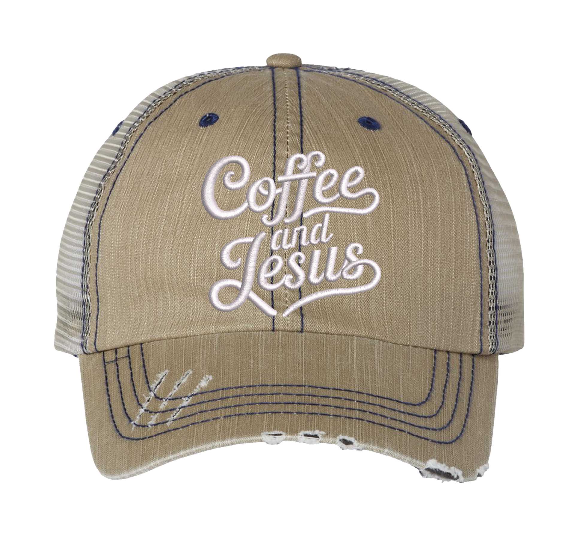 Khaki Coffee and Jesus embroidered distressed trucker hat for women. Faith-inspired statement hat for casual outfits and everyday style. - DSY Lifestyle
