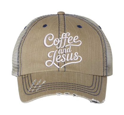 Khaki Coffee and Jesus embroidered distressed trucker hat for women. Faith-inspired statement hat for casual outfits and everyday style. - DSY Lifestyle