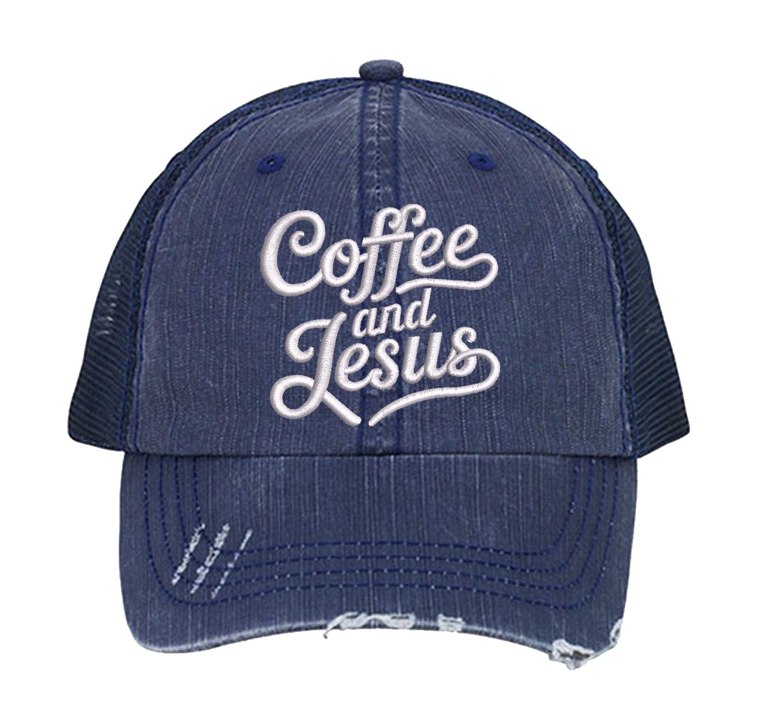 Navy Blue Coffee and Jesus embroidered distressed trucker hat for women. Faith-inspired statement hat for casual outfits and everyday style. - DSY Lifestyle