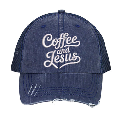 Navy Blue Coffee and Jesus embroidered distressed trucker hat for women. Faith-inspired statement hat for casual outfits and everyday style. - DSY Lifestyle
