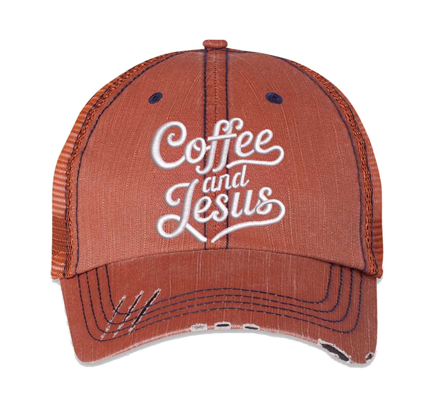 Orange Coffee and Jesus embroidered distressed trucker hat for women. Faith-inspired statement hat for casual outfits and everyday style. - DSY Lifestyle