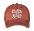 Orange Coffee and Jesus embroidered distressed trucker hat for women. Faith-inspired statement hat for casual outfits and everyday style. - DSY Lifestyle