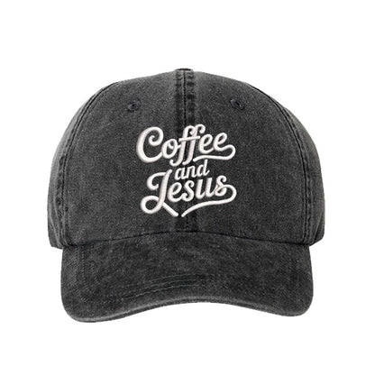 Black Coffee and Jesus washed cotton baseball hat with a soft finish and high-density white embroidery by DSY Lifestyle. - DSY Lifestyle