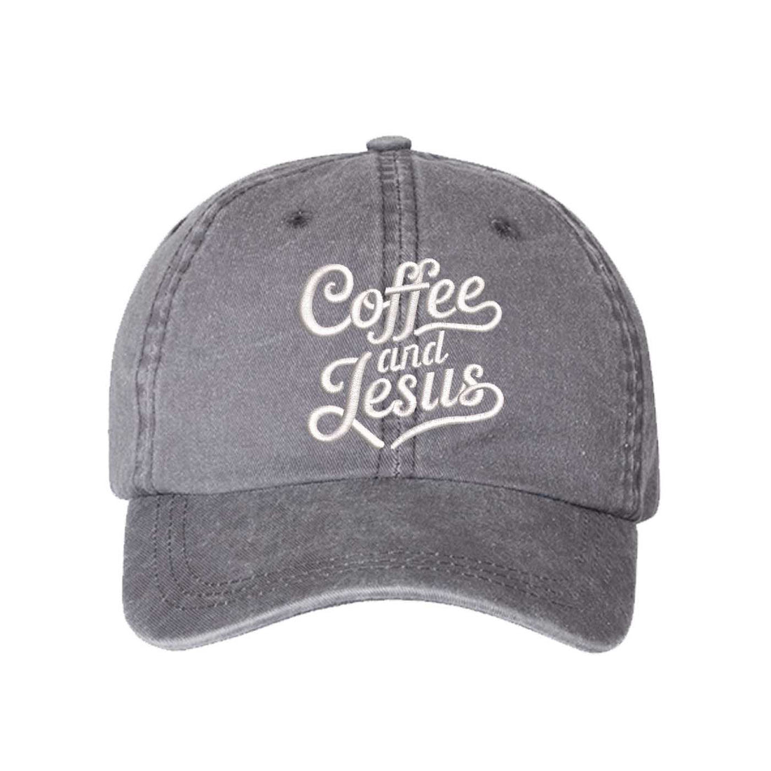 Gray Coffee and Jesus washed cotton baseball hat with a soft finish and high-density white embroidery by DSY Lifestyle. - DSY Lifestyle