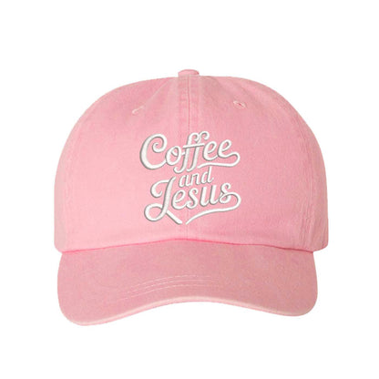Light Pink Coffee and Jesus washed cotton baseball hat with a soft finish and high-density white embroidery by DSY Lifestyle. - DSY Lifestyle
