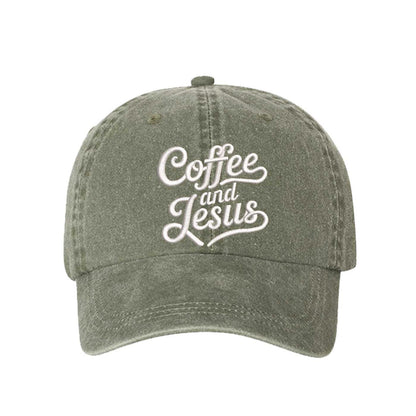 Olive Coffee and Jesus washed cotton baseball hat with a soft finish and high-density white embroidery by DSY Lifestyle. - DSY Lifestyle