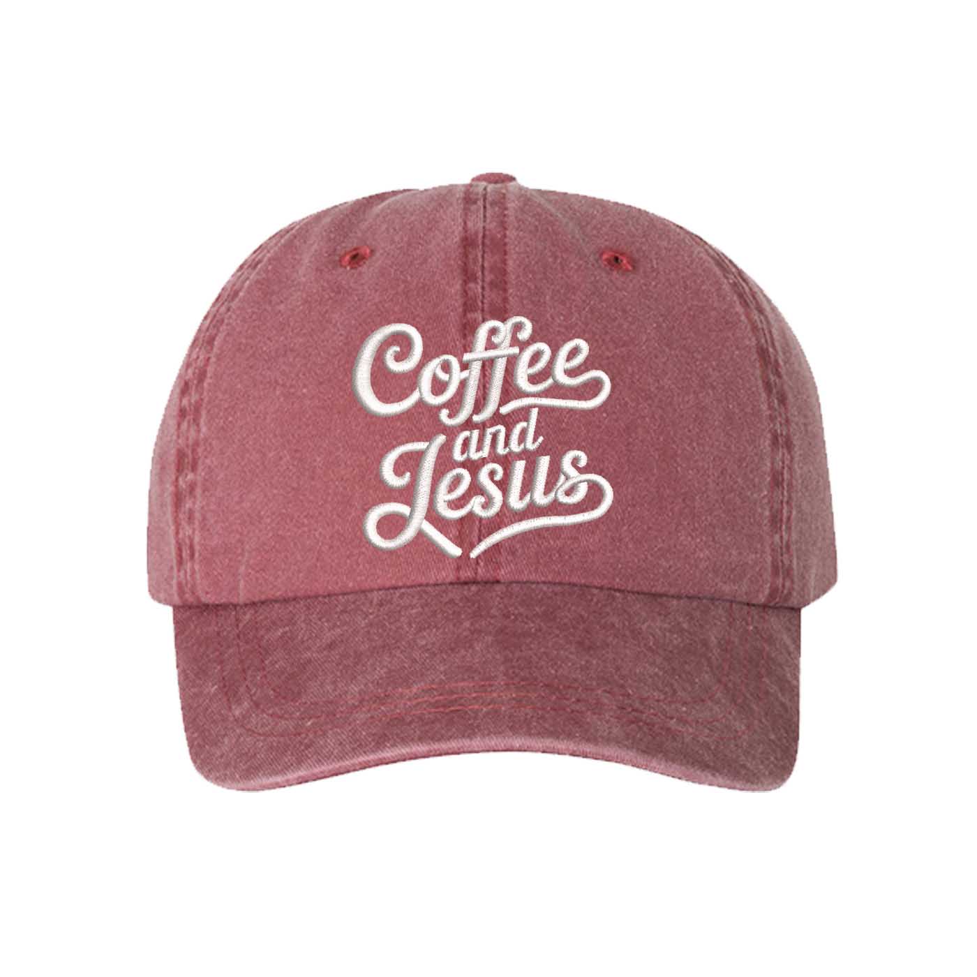 Wine Coffee and Jesus washed cotton baseball hat with a soft finish and high-density white embroidery by DSY Lifestyle. - DSY Lifestyle