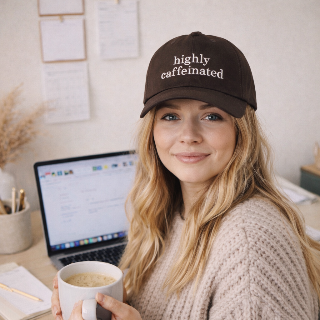 A close-up view of a female wearing DSY Lifestyle brown cotton baseball hat featuring the phrase Highly Caffeinated in bold, crisp white embroidery. - DSY Lifestyle