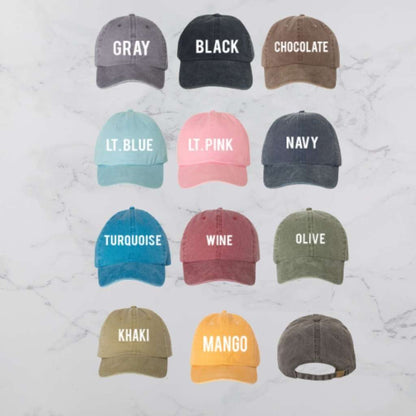 Washed Baseball hat color chart available in gray black chocolate light blue light pink navy turquoise wine olive khaki and mango - DSY Lifestyle