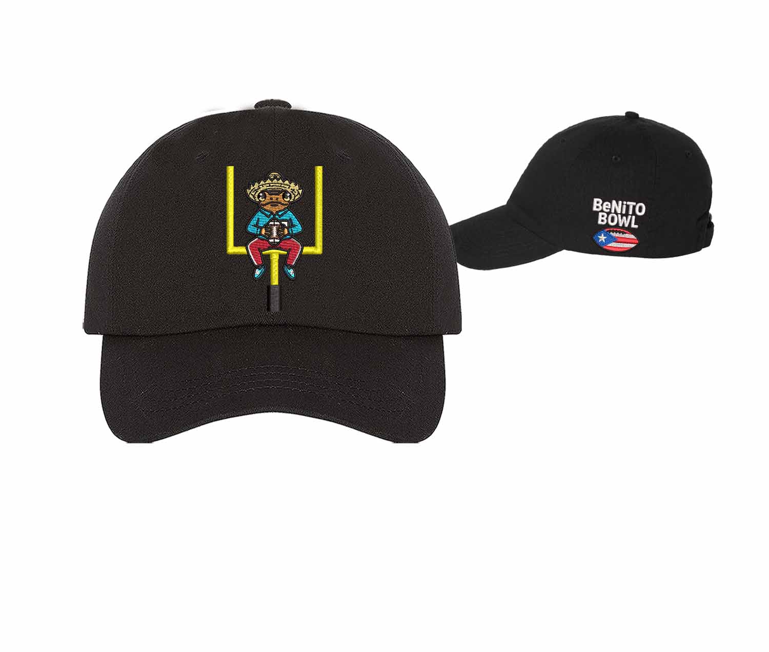 Black with sideview logo Sapo Concho Coqui Football Half Time Show Embroidered Baseball Hat featuring Puerto Rican cultural embroidery with adjustable hook and loop and breathable cotton fabric – DSY Lifestyle