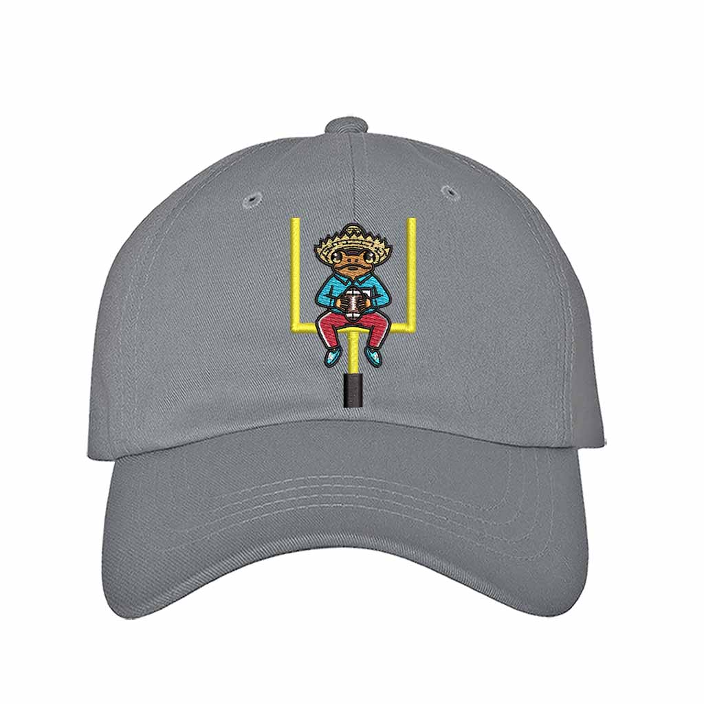 Gray Sapo Concho Coqui Football Half Time Show Embroidered Baseball Hat featuring Puerto Rican cultural embroidery with adjustable hook and loop and breathable cotton fabric – DSY Lifestyle