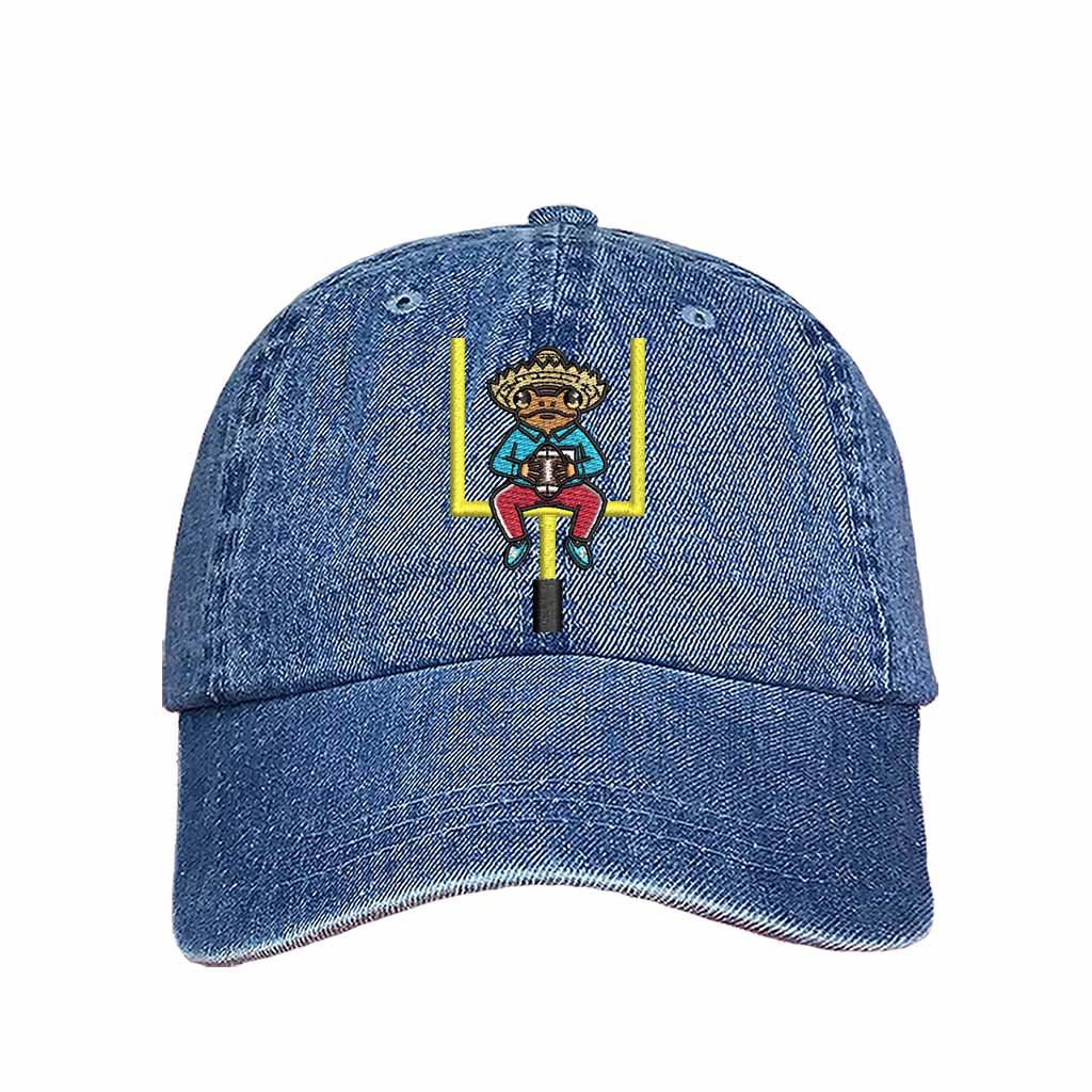 Light Denim Sapo Concho Coqui Football Half Time Show Embroidered Baseball Hat featuring Puerto Rican cultural embroidery with adjustable hook and loop and breathable cotton fabric – DSY Lifestyle