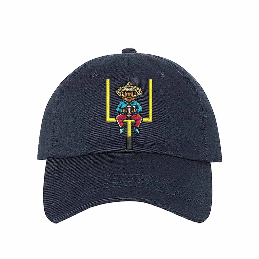 Navy Blue Sapo Concho Coqui Football Half Time Show Embroidered Baseball Hat featuring Puerto Rican cultural embroidery with adjustable hook and loop and breathable cotton fabric – DSY Lifestyle
