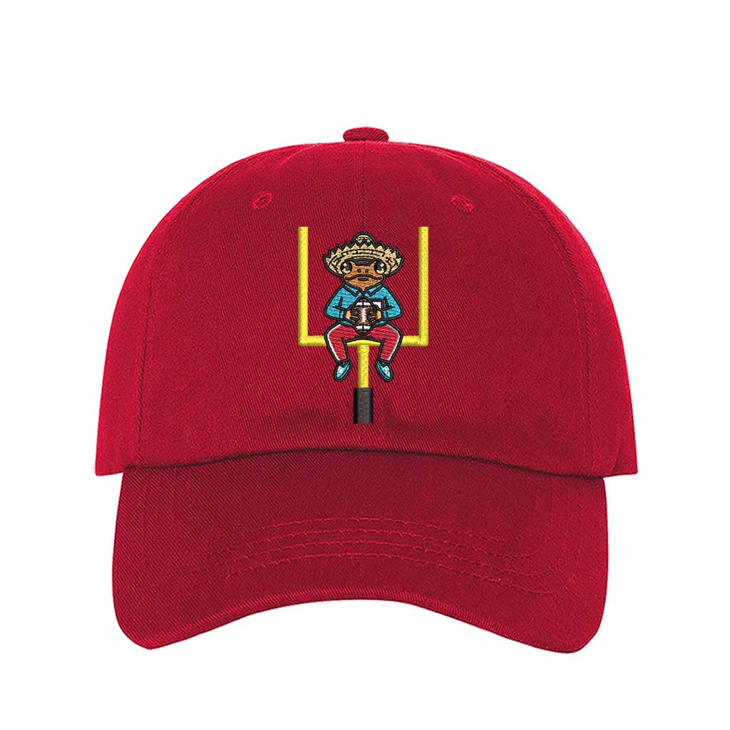 Red Sapo Concho Coqui Football Half Time Show Embroidered Baseball Hat featuring Puerto Rican cultural embroidery with adjustable hook and loop and breathable cotton fabric – DSY Lifestyle