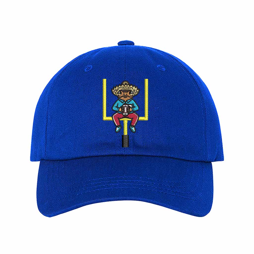 Royal Blue Sapo Concho Coqui Football Half Time Show Embroidered Baseball Hat featuring Puerto Rican cultural embroidery with adjustable hook and loop and breathable cotton fabric – DSY Lifestyle