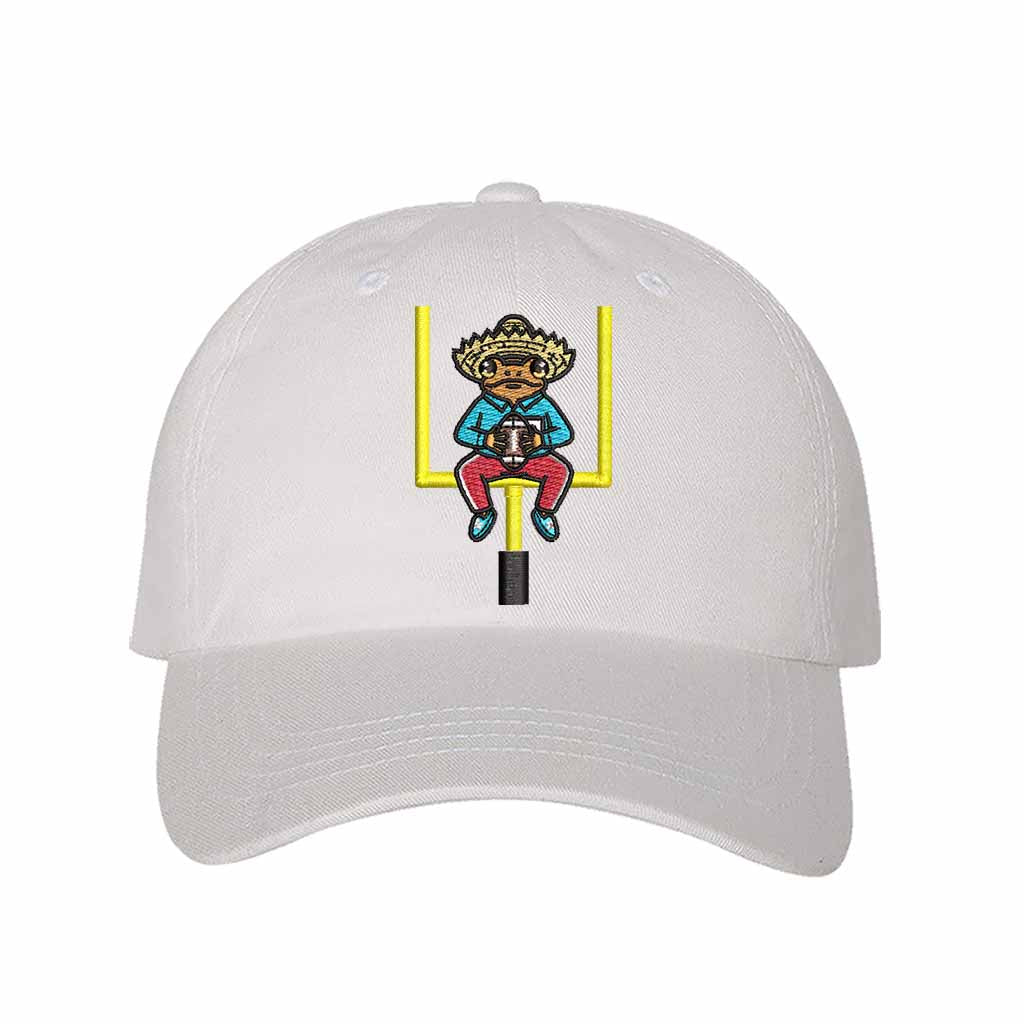 White Sapo Concho Coqui Football Half Time Show Embroidered Baseball Hat featuring Puerto Rican cultural embroidery with adjustable hook and loop and breathable cotton fabric – DSY Lifestyle