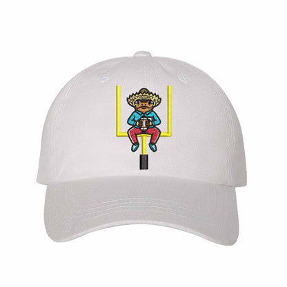 White Sapo Concho Coqui Football Half Time Show Embroidered Baseball Hat featuring Puerto Rican cultural embroidery with adjustable hook and loop and breathable cotton fabric – DSY Lifestyle