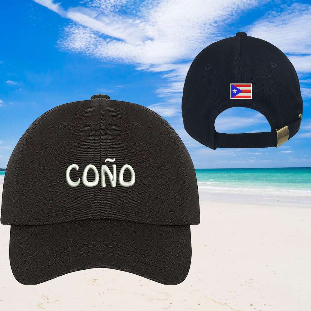 Black baseball cap embroidered with Coño in the front and a Puerto Rico Flag on the back of the hat- DSY Lifestyle