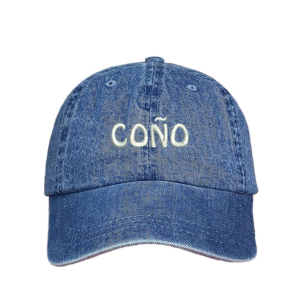  Light Denim baseball cap embroidered with Coño in the front and a Puerto Rico Flag on the back of the hat- DSY Lifestyle