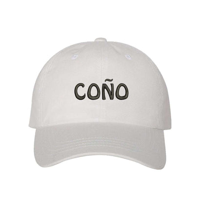 White  baseball cap embroidered with Coño in the front and a Puerto Rico Flag on the back of the hat- DSY Lifestyle