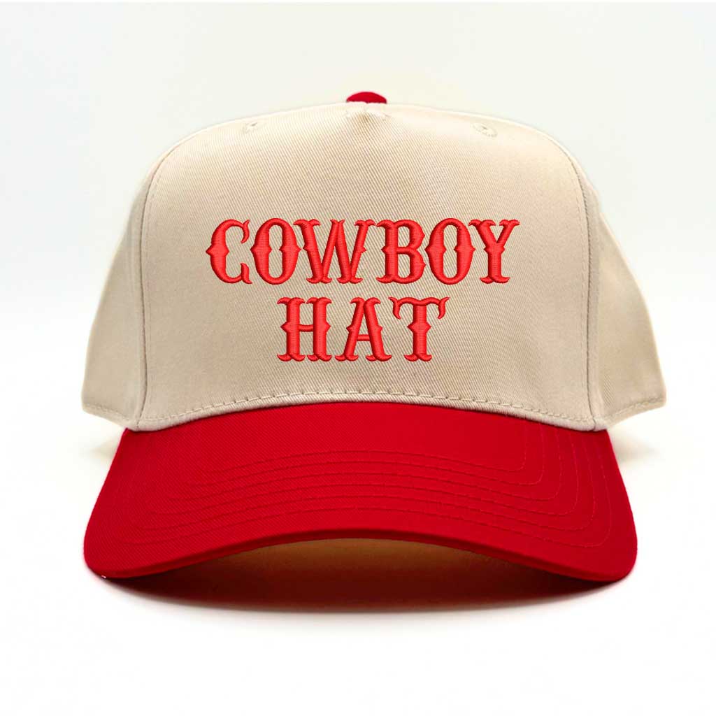 Natural colored baseball hat embroidered with the phrase cowboy hat in red embroidery and red bill-DSY Lifestyle