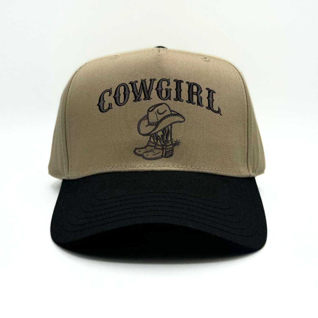 5 Panel Khaki / Black Bill trucker cap embroidered with Cowgirl Boot - DSY Lifestyle