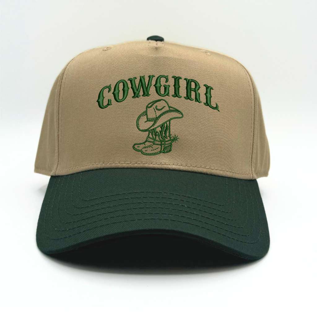 5 Panel Khaki / Forest Bill trucker cap embroidered with Cowgirl Boot - DSY Lifestyle