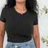 Close up of female wearing a crew neck double layer crop top in Black - DSY Lifestyle