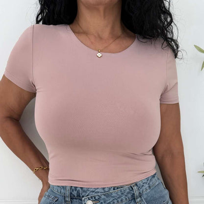 Close up of female wearing a crew neck double layer crop top in pink - DSY Lifestyle