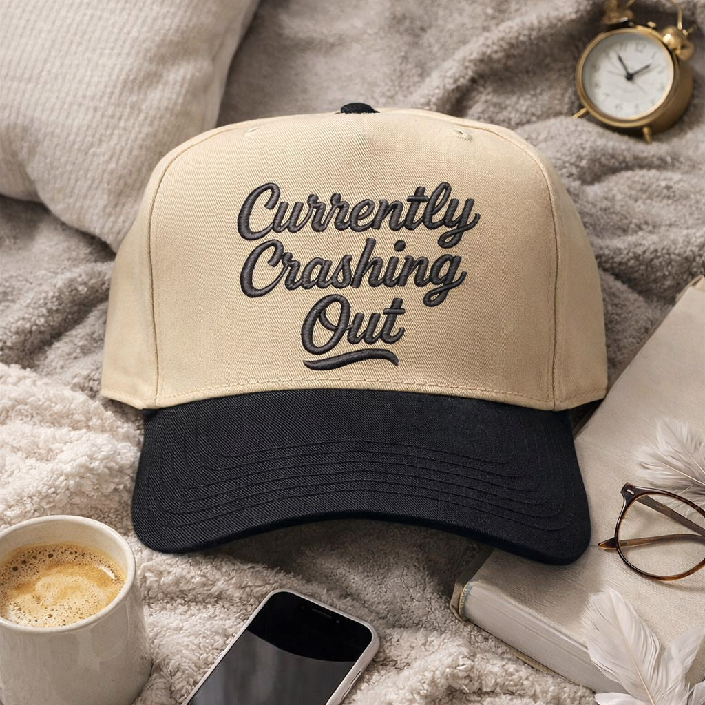 Natural Black Currently Crashing Out embroidered baseball hat. A two-tone statement hat for women who love humor, comfort, and effortless outfits. - DSY Lifestyle