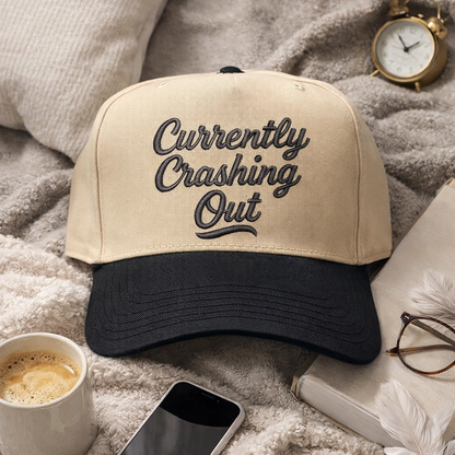 Natural Black Currently Crashing Out embroidered baseball hat. A two-tone statement hat for women who love humor, comfort, and effortless outfits. - DSY Lifestyle