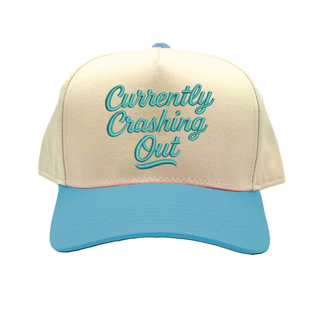 Natural Aqua Currently Crashing Out embroidered baseball hat. A two-tone statement hat for women who love humor, comfort, and effortless outfits. - DSY Lifestyle