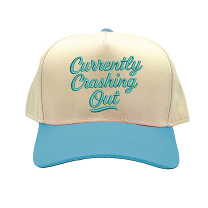 Natural Aqua Currently Crashing Out embroidered baseball hat. A two-tone statement hat for women who love humor, comfort, and effortless outfits. - DSY Lifestyle
