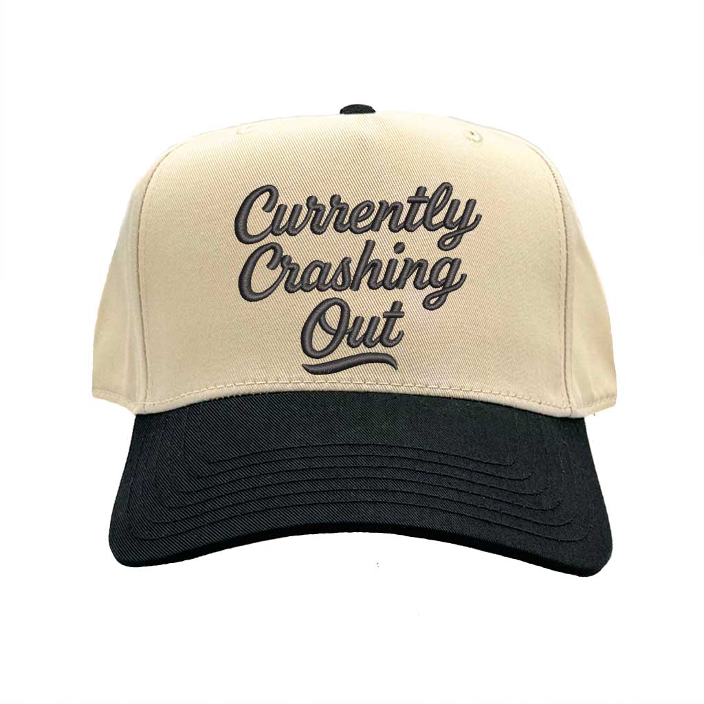Natural Black Currently Crashing Out embroidered baseball hat. A two-tone statement hat for women who love humor, comfort, and effortless outfits. - DSY Lifestyle