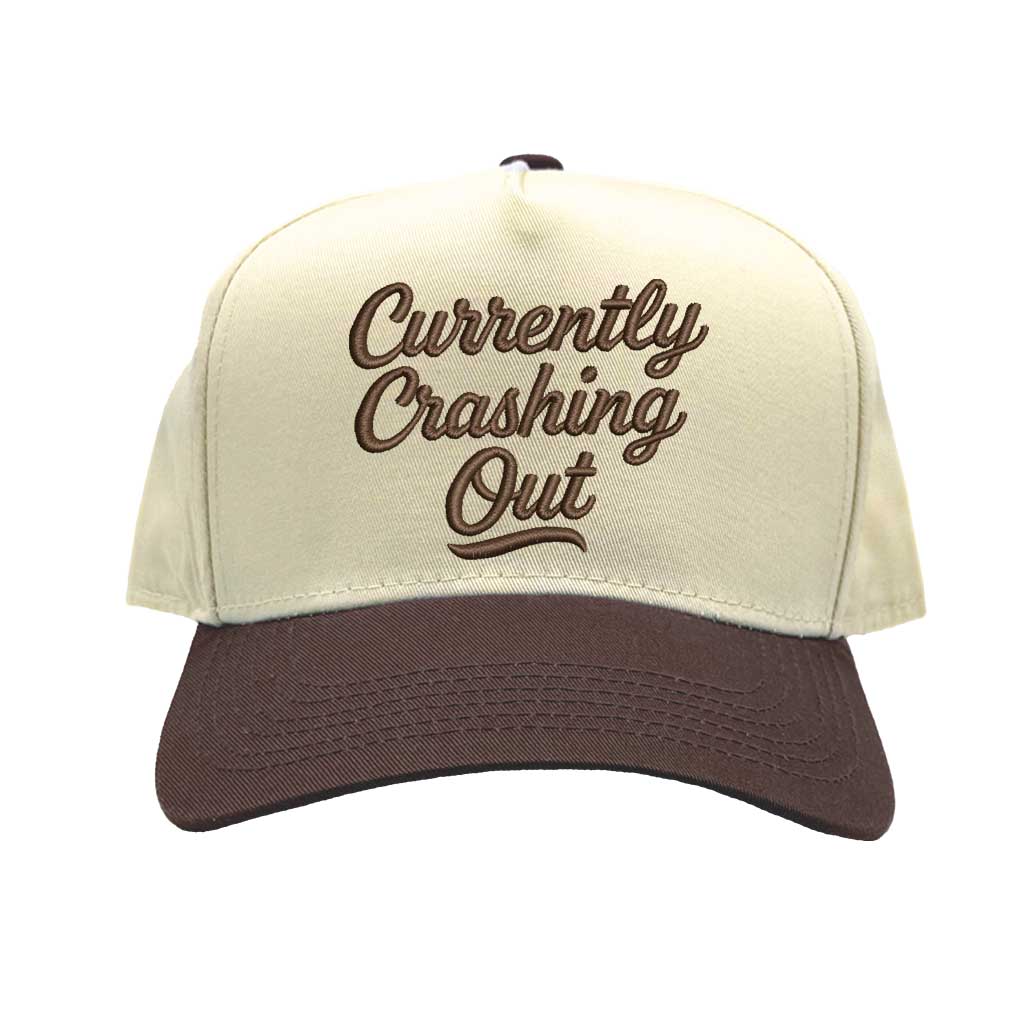 Natural Brown Currently Crashing Out embroidered baseball hat. A two-tone statement hat for women who love humor, comfort, and effortless outfits. - DSY Lifestyle