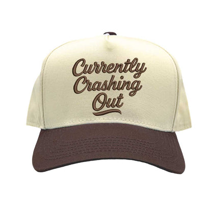 Natural Brown Currently Crashing Out embroidered baseball hat. A two-tone statement hat for women who love humor, comfort, and effortless outfits. - DSY Lifestyle