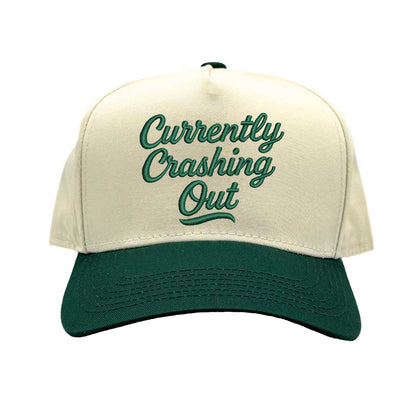 Natural Forest Green Currently Crashing Out embroidered baseball hat. A two-tone statement hat for women who love humor, comfort, and effortless outfits. - DSY Lifestyle