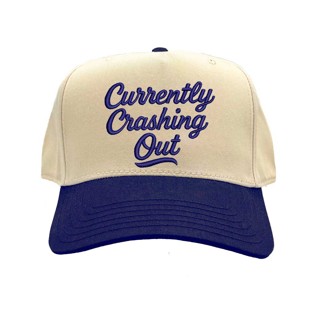 Natural Navy Blue Currently Crashing Out embroidered baseball hat. A two-tone statement hat for women who love humor, comfort, and effortless outfits. - DSY Lifestyle