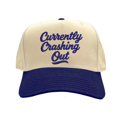 Natural Navy Blue Currently Crashing Out embroidered baseball hat. A two-tone statement hat for women who love humor, comfort, and effortless outfits. - DSY Lifestyle